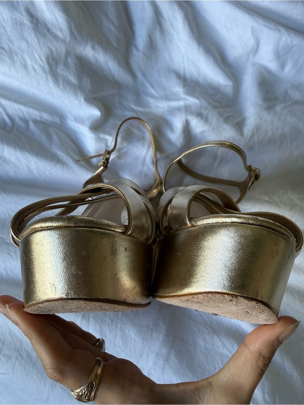 Schultz Gold Platform Sandals with Crisscross Straps Keefa Metallic Leather 9.5 - Picture 6 of 7